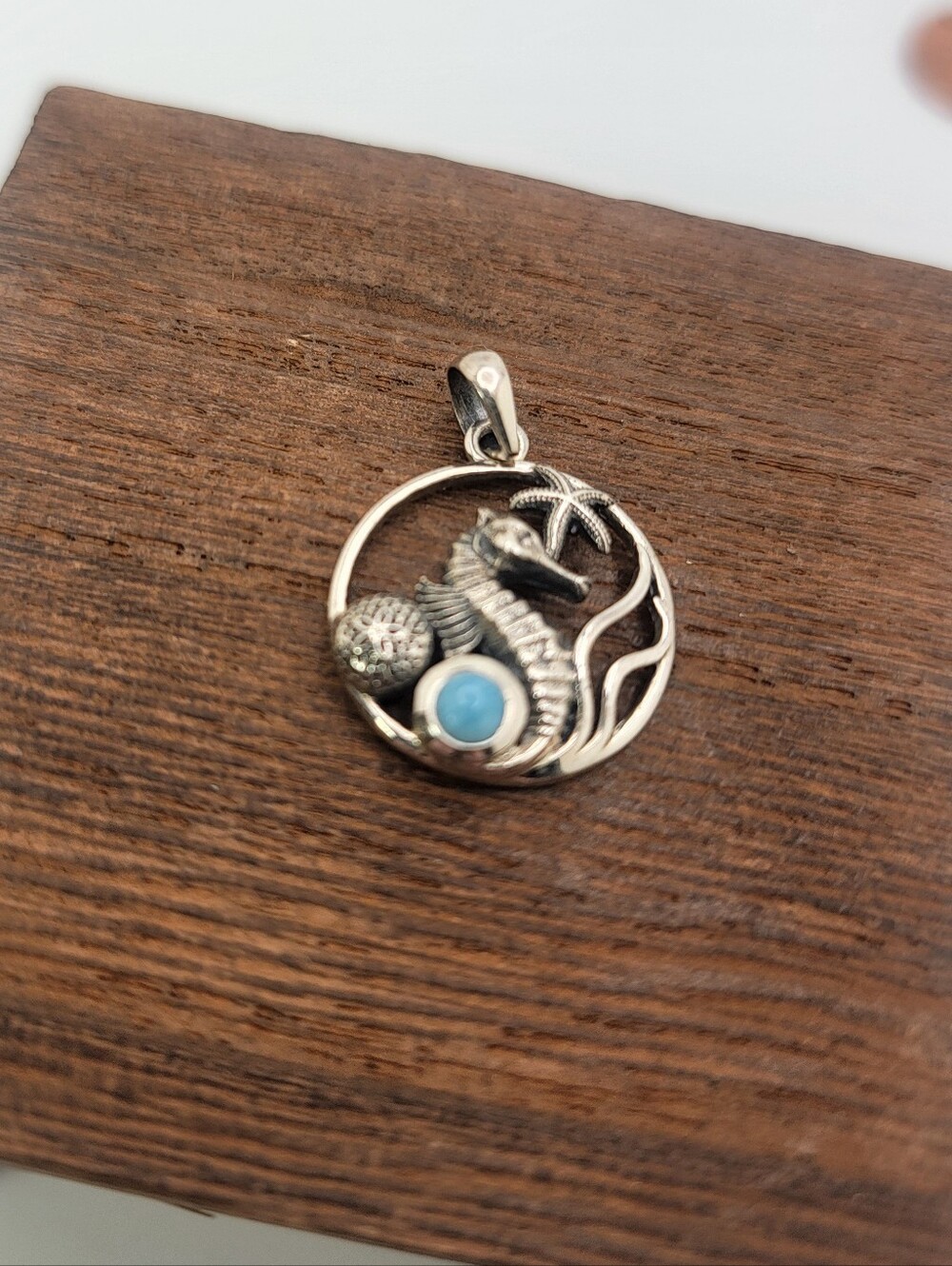 Sterling Silver Seahorse Pendant with Blue Larimar Stone